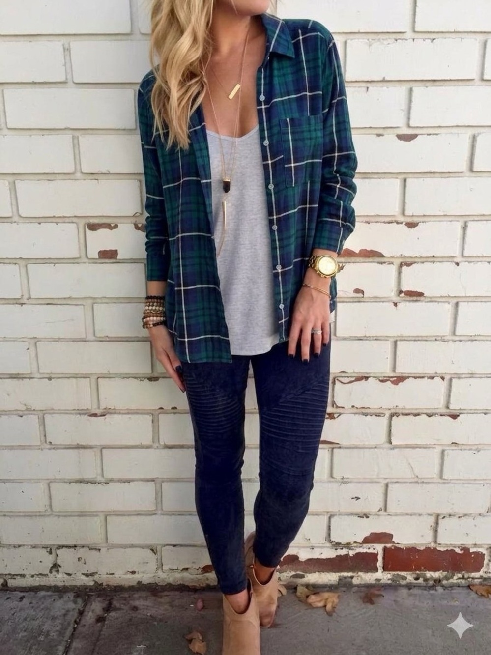 Plaid Button Down Shirt Blouse in Navy, Green and Cream Preppy Layer NWT